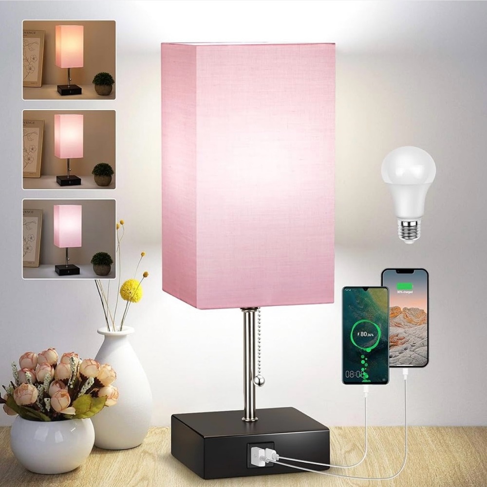 Pink Table Lamp with USB Charging Ports